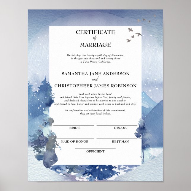 Rustic Blue Gräs Certificate of Giftermål Keepsaké Poster (Framsidan)