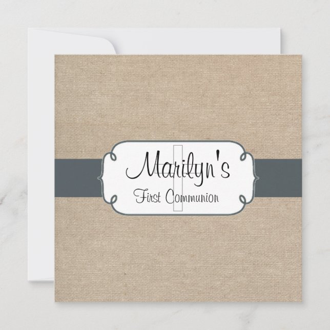 Rustic Blue Grått och Beige Burlap First Communion Inbjudningar (Framsida)