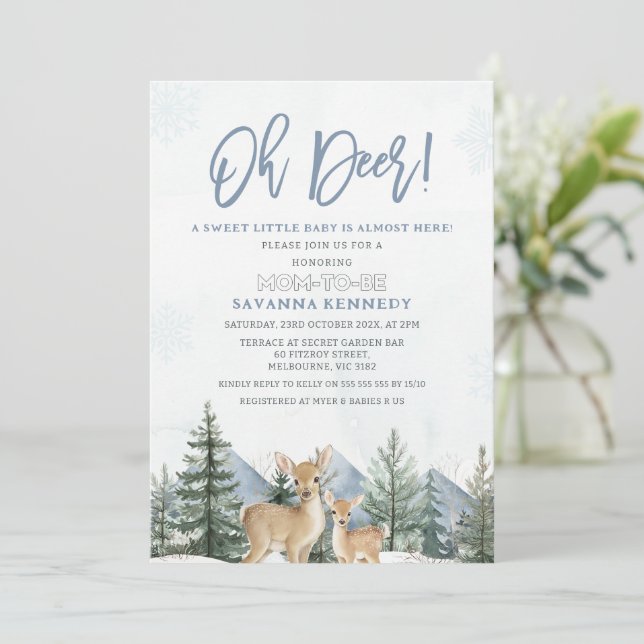 Rustic Blue Green Winter Oh Deer Baby Shower Inbjudningar (Stående Fram)