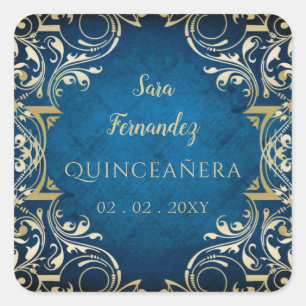 Rustic Blue Guld Elegant Quinceanera Fyrkantigt Klistermärke