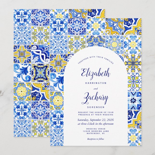 Rustic Blue Gult Arch portugisisk Tile Bröllop Inbjudningar (Fram/baksida)
