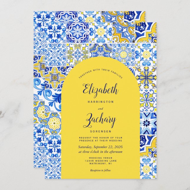 Rustic Blue Gult Arch portugisisk Tile Bröllop Inbjudningar (Fram/baksida)