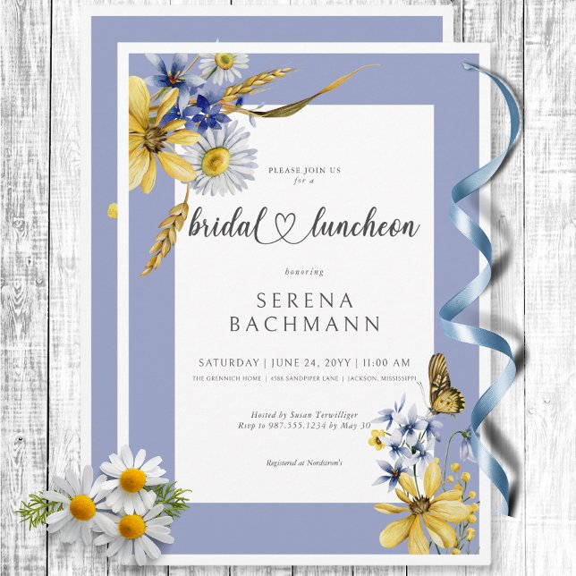Rustic Blue & Gult Wildblommor Möhippa Brunch Inbjudningar (Rustic Blue & Yellow Wildflowers Bridal Brunch Invitation)