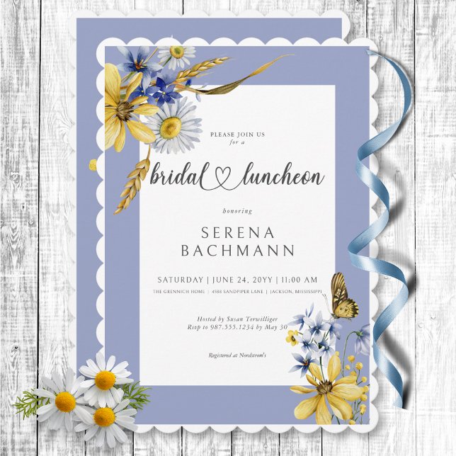 Rustic Blue & Gult Wildblommor Möhippa Luncheon Inbjudningar (Rustic Blue & Yellow Wildflowers Bridal Luncheon Invitation)