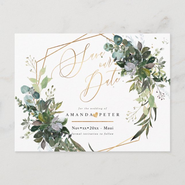 Rustic Blue Gum Eucalyptus, Greenery Save the Date Vykort (Framsida)