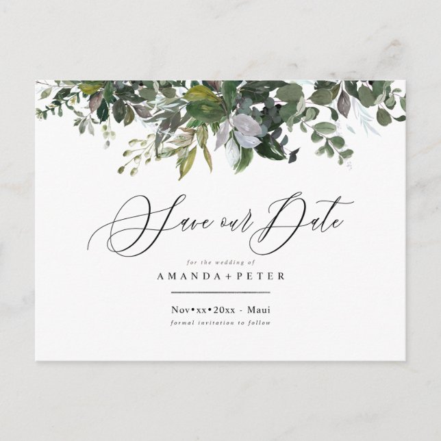 Rustic Blue Gum Eucalyptus, Greenery Save the Date Vykort (Framsida)