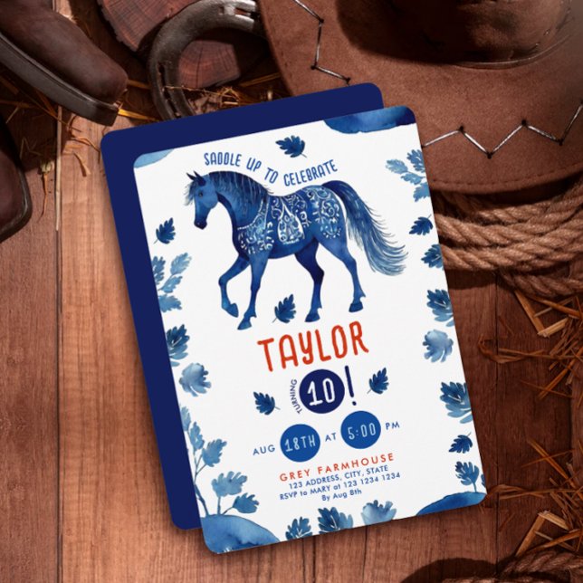 Rustic Blue Horse Pony Western Watercolor Party Inbjudningar (Skapare uppladdad)