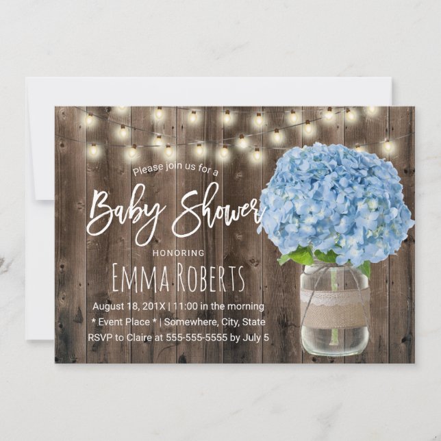 Rustic Blue Hydrangea Blommigt Burk Wood Baby Show Inbjudningar (Framsida)