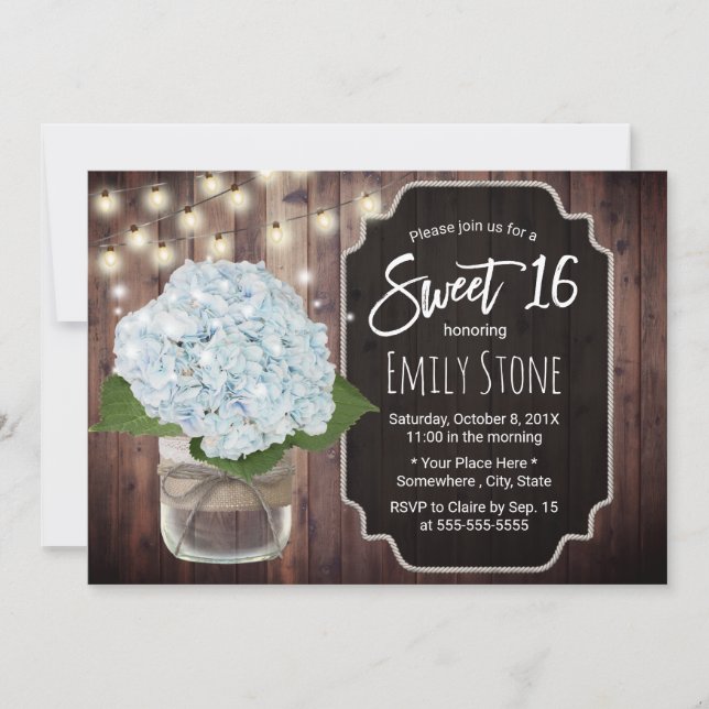 Rustic Blue Hydrangea Flower Mason Burk Sweet 16 Inbjudningar (Framsida)