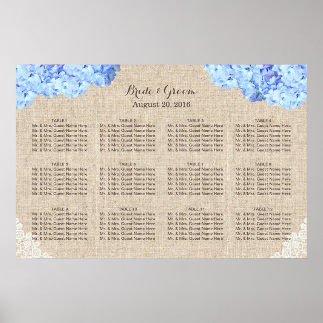 Rustic Blue Hydrangea Snöre Burlap Bröllop Sittpla Poster (Framsidan)