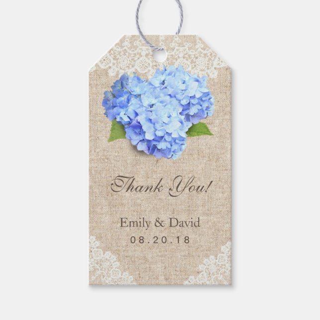 Rustic Blue Hydrangea Snöre & Burlap Wedding Favor Presentetikett (Framsidan)