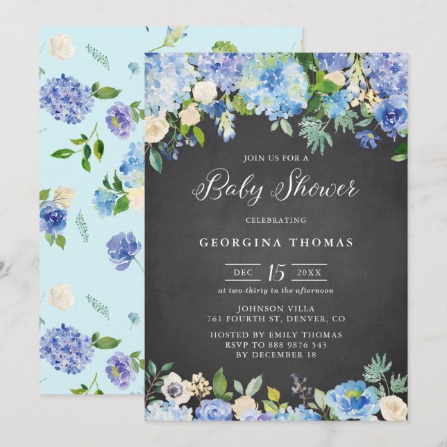 Rustic Blue Hydrangeas Chalkboard Baby Shower Inbjudningar (Fram/baksida)