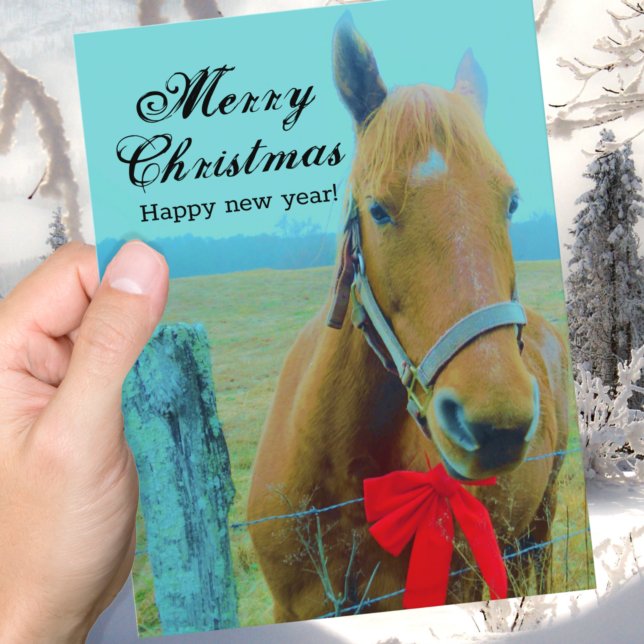 Rustic Blue jul Horse Red Bow Helg Vykort (Skapare uppladdad)