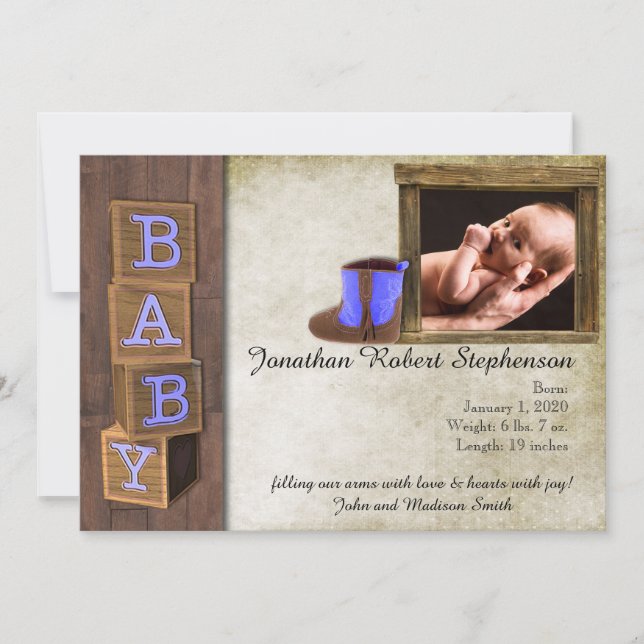 Rustic Blue Land Photo Baby-meddelande Inbjudningar (Framsida)