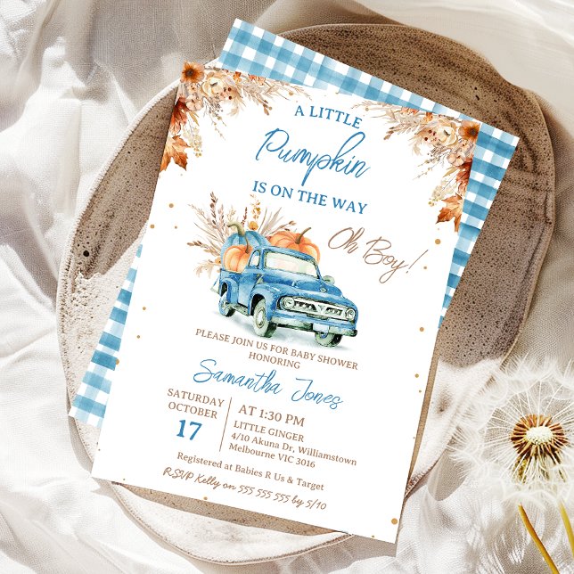Rustic Blue Lastbil Little Pumpkin Baby Shower Inbjudningar (Boy Fall Little Pumpkin Baby Shower Invitation, Blue Pumpkin Truck Baby Shower Invite, Brown Foliage)