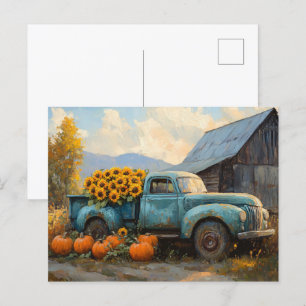 Rustic Blue Lastbil med pumpor och solblommor Vykort