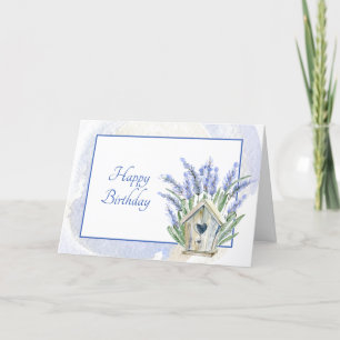 Rustic Blue Lavender Birdhouse Blommigt Birthday Kort
