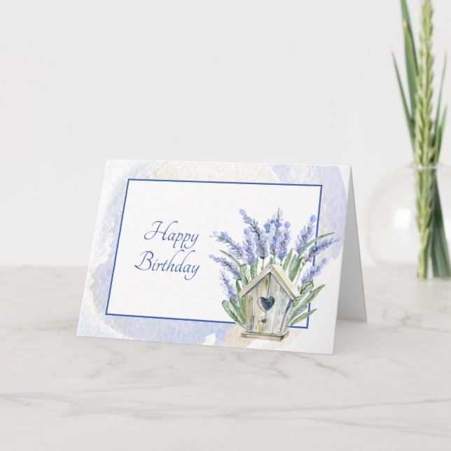 Rustic Blue Lavender Birdhouse Blommigt Birthday Kort (Framsida)