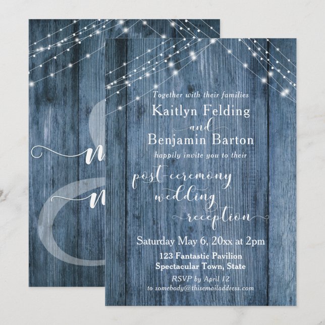Rustic Blue & Lights Efterbröllopsfirande endast Inbjudningar (Fram/baksida)