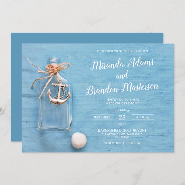 Rustic Blue, Little Flask, Anchor, Beach Wedding Inbjudningar (Fram/baksida)