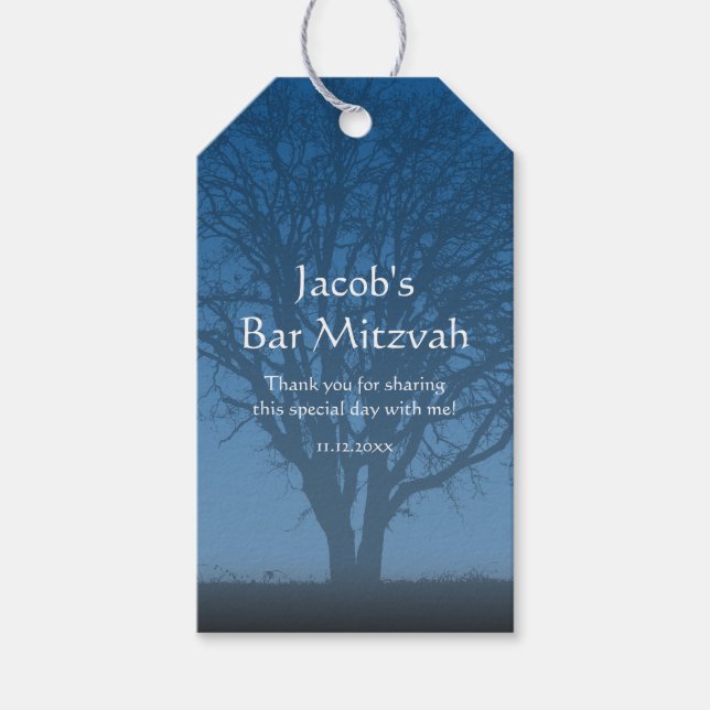 Rustic Blue Livets träd Pub Mitzvah Presentetikett (Framsidan)