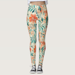 Rustic Blue Lövs och Red Orange Blommönster Leggings