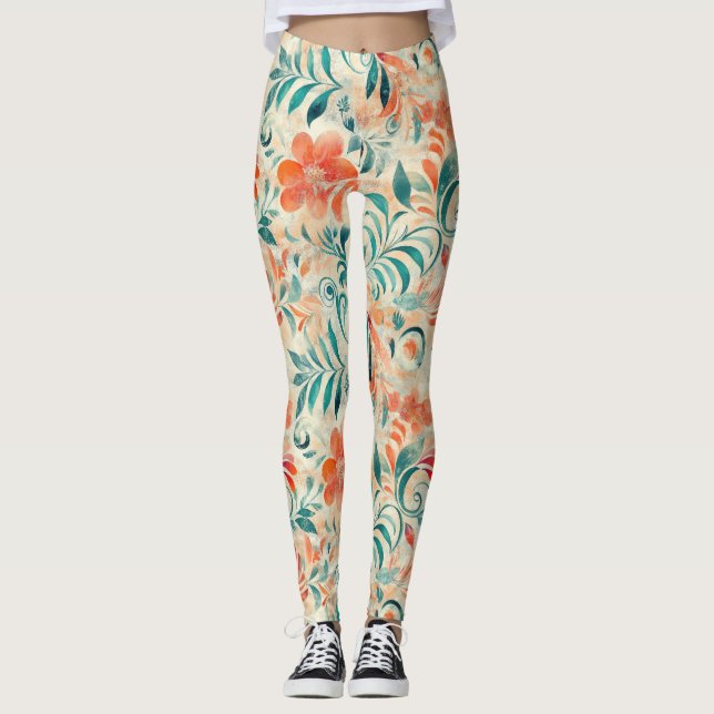 Rustic Blue Lövs och Red Orange Blommönster Leggings (Framsida)