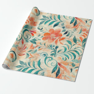 Rustic Blue Lövs och Red Orange Blommönster Presentpapper