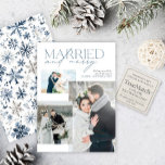 Rustic Blue Married & Merry Newlyged Photo Collage Julkort<br><div class="desc">Fira din första julhelg som nylweds med den här chicen "Gift och merry"-fotokort, designat i en snyggt Nordic blue palette med modern typografi och elegant snöflingor. Den samordnande snöflingan i mönster lägger till mysigt vintercharm, skapar den här utformningen perfekten för att dina bröllop-foton och säsong hälsning i ett. Perfekt för...</div>