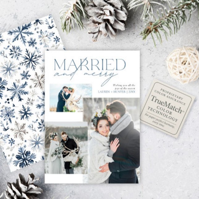 Rustic Blue Married & Merry Newlyged Photo Collage Julkort (Skapare uppladdad)