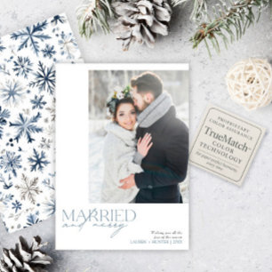 Rustic Blue Married & Merry Newlyged Photo Julkort