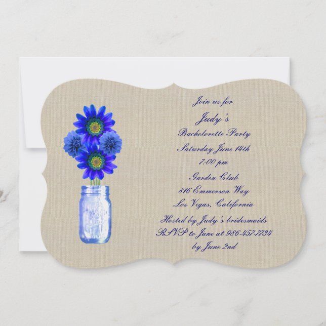 Rustic Blue Mason Burk Bachelorette Party Inbjudan (Framsida)