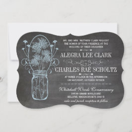 Rustic Blue Mason Burk Chalkboard Bröllop Inbjudningar