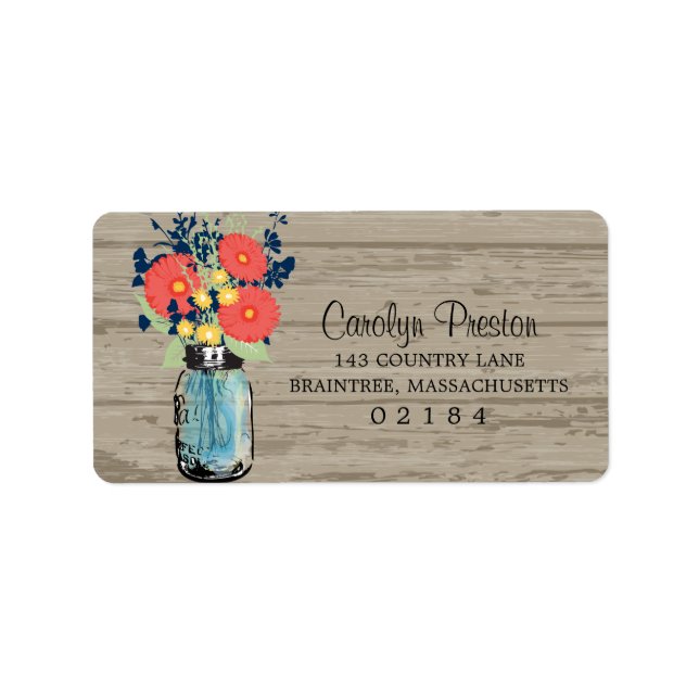 Rustic Blue Mason Burk Coral Gerber Daisy Adressetikett (Framsidan)