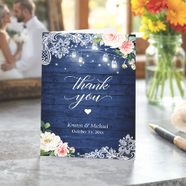 Rustic Blue Mason Burk Ljus Blommigt Snöre Bröllop Tack Kort