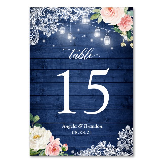 Rustic Blue Mason Burk Ljus Snöre Blommigt Bröllop Bordsnummer (Baksidan)