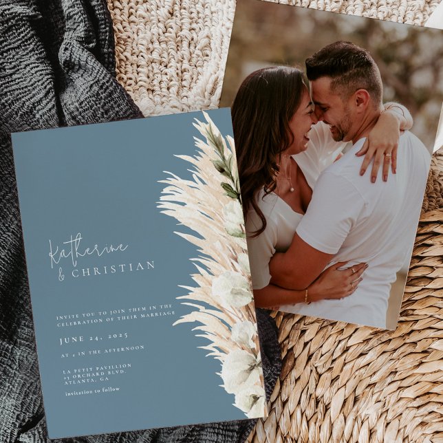 Rustic Blue Modern Photo Wedding-inbjudan Inbjudningar (Skapare uppladdad)