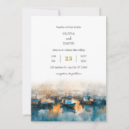 Rustic Blue Nautical Harbour Dawn Art Beach Weddin Inbjudningar