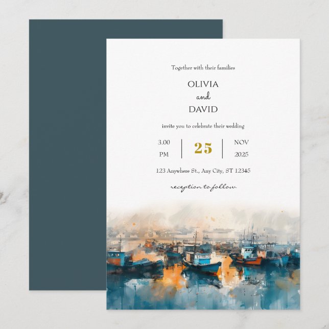 Rustic Blue Nautical Harbour Dawn Art Beach Weddin Inbjudningar (Fram/baksida)