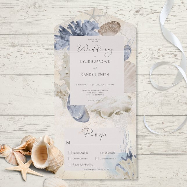 Rustic Blue Ocean Beach Cream Middag (Also available with a QR code or without dinner selection options.)