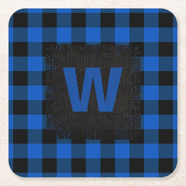 Rustic Blue och Black Buffalo Play Monogram Underlägg Papper Kvadrat (Framsidan)