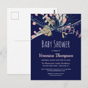 Rustic Blue & Pastel Botanical Baby Shower Inbjuda Vykort