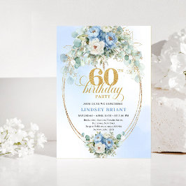 Rustic Blue Peony Gold 60th Birthday Invitation Inbjudningar