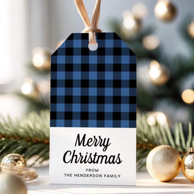 Rustic Blue Play God jul Presentetikett (Rustic Blue Plaid Merry Christmas Gift Tags)