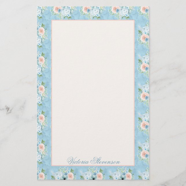 Rustic Blue Rosa Blommigt Shabby chic Personlig Brevpapper (Framsida)