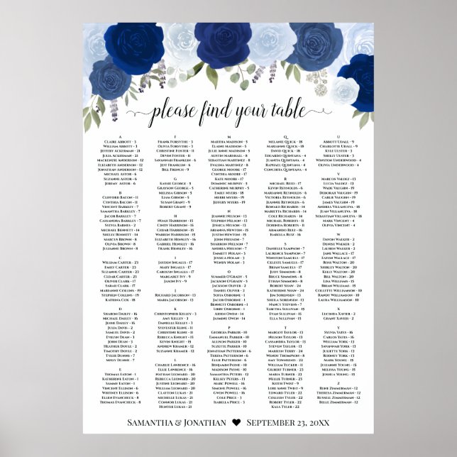 Rustic Blue Roses Wedding Seating Chart A1 Size Poster (Framsidan)