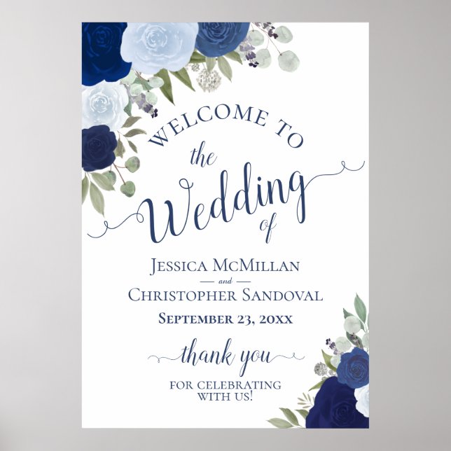 Rustic Blue Roses Wedding Welcome A1 Size Poster (Framsidan)