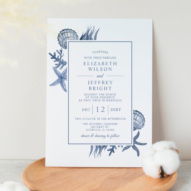 Rustic Blue Seashells Marine Ocean Beach Wedding Inbjudningar (Skapare uppladdad)