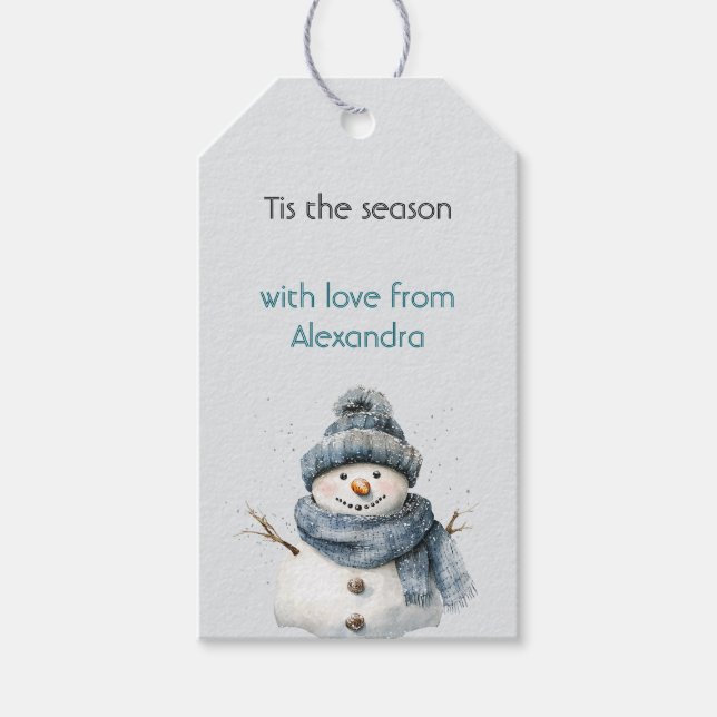 Rustic Blue Snowman Christmas Presentetikett (Framsidan)