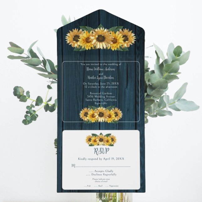 Rustic Blue Solros Bröllop (Rustic Blue Sunflower Wedding All in One Invitation)